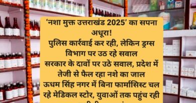 ‘नशा मुक्त उत्तराखंड 2025’ का सपना अधूरा! पुलिस कार्रवाई कर रही, लेकिन ड्रग्स विभाग पर उठ रहे सवाल सरकार के दावों पर उठे सवाल, प्रदेश में तेजी से फैल रहा नशे का जाल ऊधम सिंह नगर में बिना फार्मासिस्ट चल रहे मेडिकल स्टोर, युवाओं तक पहुंच रही नशीली दवाइयां