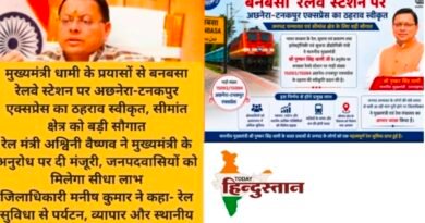 मुख्यमंत्री धामी के प्रयासों से बनबसा रेलवे स्टेशन पर अछनेरा-टनकपुर एक्सप्रेस का ठहराव स्वीकृत, सीमांत क्षेत्र को बड़ी सौगात रेल मंत्री अश्विनी वैष्णव ने मुख्यमंत्री के अनुरोध पर दी मंजूरी, जनपदवासियों को मिलेगा सीधा लाभ जिलाधिकारी मनीष कुमार ने कहा- रेल सुविधा से पर्यटन, व्यापार और स्थानीय आर्थिक गतिविधियों को मिलेगा बढ़ावा